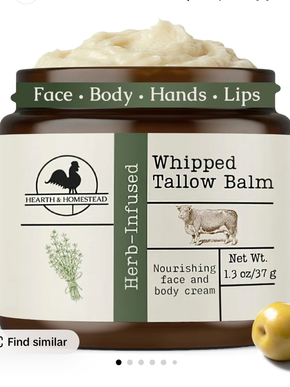 Whipped Grass-Fed Beef Tallow Balm for Face Body Baby - Organic Herb-Infused